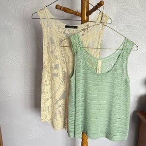 Two tank tops. Cream lace and a mint green crochet